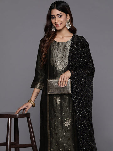 Varanga Women Black Jacquard Weave Kurta With Bottom And Dupatta